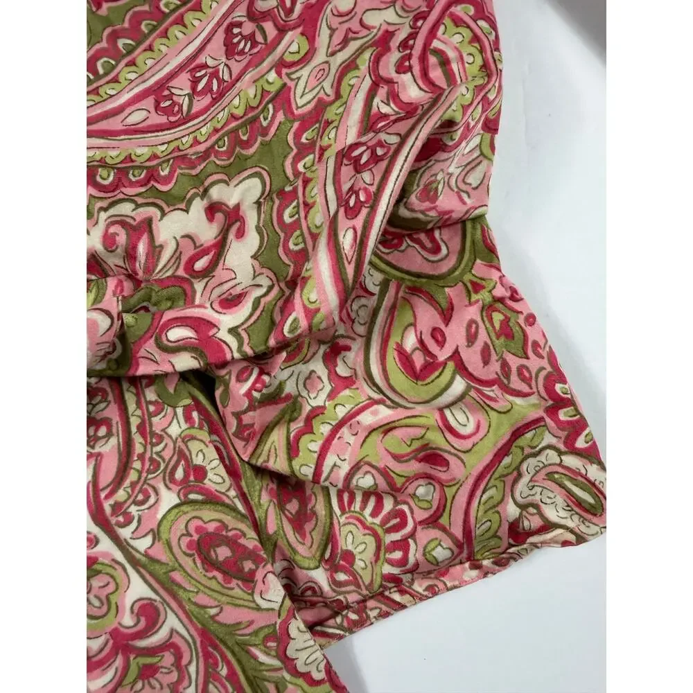 Jones New York Signature Pink Green Paisley Tie Front Cotton Blouse Size Small